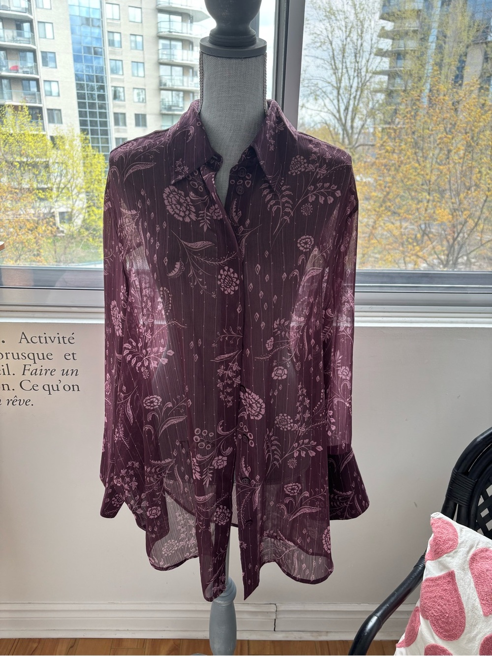 Women's Plum Floral Sheer Button-Down Shirt